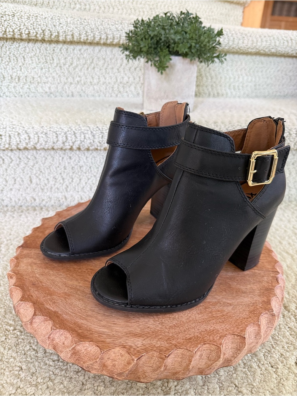 Black Open-Toe Buckle Ankle Boot-Shoes.